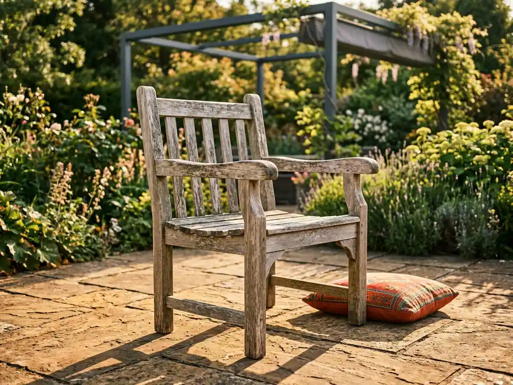 Verweerde teakhouten tuinstoel met vergeelde armleuningen op een stenen terras, levendig kussen en aluminium pergola op de achtergrond.