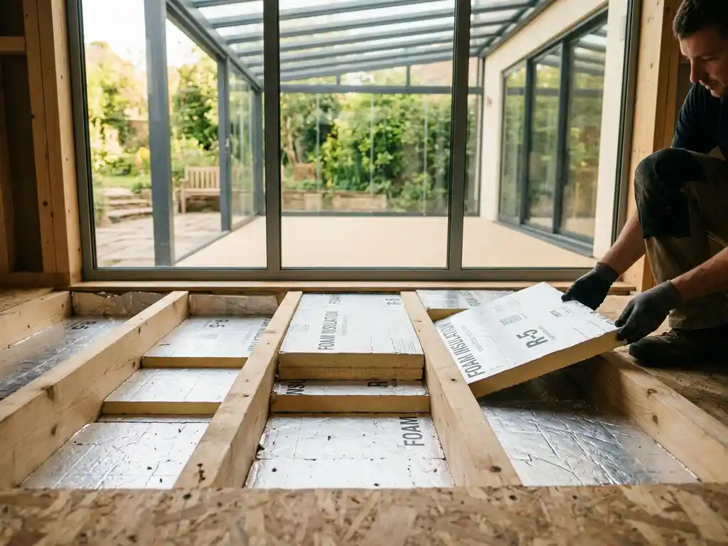 Stijve schuimisolatiepanelen tussen houten vloerliggers van een serre, met een aluminium veranda en grote glaspartijen op de achtergrond.