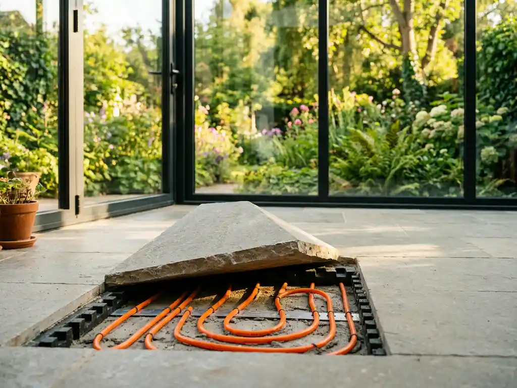 Vloerverwarming zichtbaar onder opgetild hoekje van natuurstenen tegel in glazen tuinkamer met aluminium kozijnen en weelderige tuin.