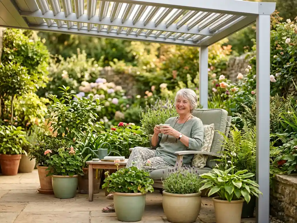 Oudere vrouw ontspant in een kussenstoel op een zonnig terras onder een aluminium overkapping, omringd door weelderige potplanten.