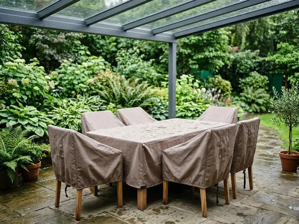 Teakhouten tuinstoelen en tafel met waterafstotende beschermhoezen waarop regendruppels parels vormen, onder aluminium terrasluifel.