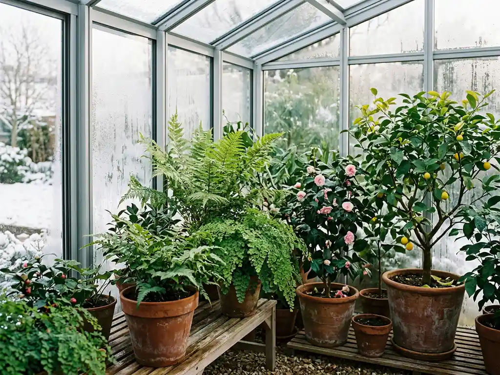 Varens, camelia's en citrusbomen in terracottapotten in een lichte glazen serre met rijp op de buitenpanelen in de winter.