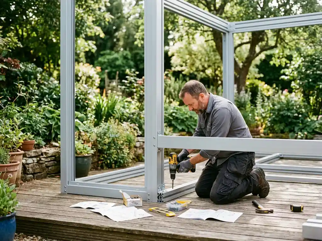 Huiseigenaar monteert aluminium tuinkamer frame op houten terras, met boorschroevendraaier en instructievellen, groene tuin op achtergrond.