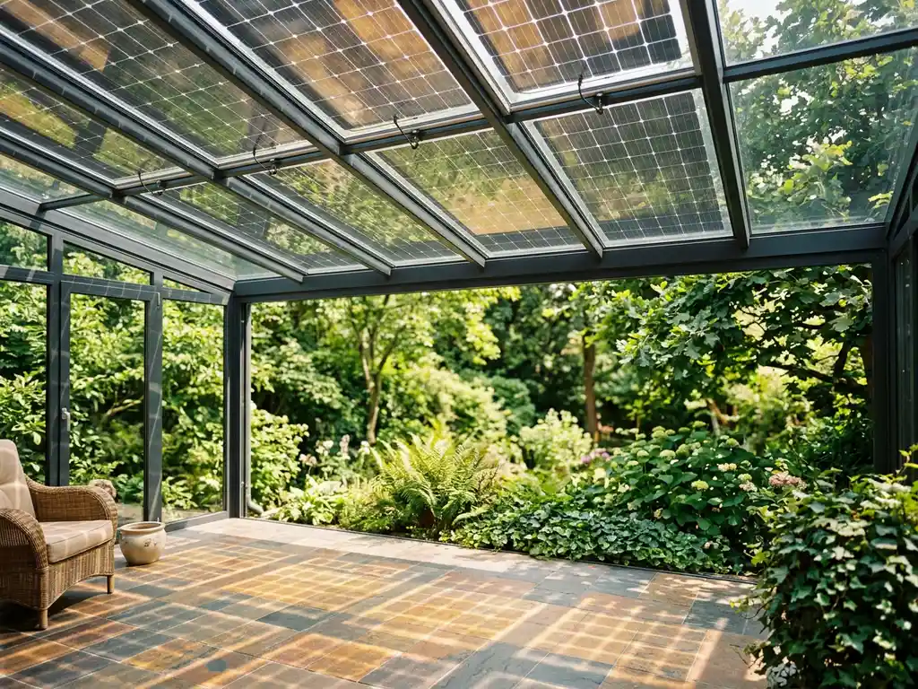 Glazen serre met transparante zonnepanelen op het dak, gouden lichtpatronen op betegelde patio, groene tuin zichtbaar door aluminium frame.