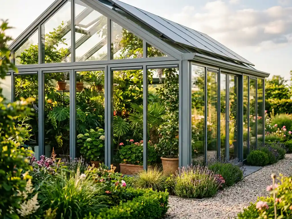 Glazen serre met zonnepanelen op het dak, antraciet aluminium kozijnen en weelderige planten in een verzorgde Nederlandse tuin.