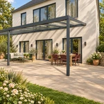 Terrasoverkapping Plus 10 x 4 meter antraciet helder glas moderne goot – Zijaanzicht