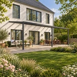Terrasoverkapping Plus 10 x 4 meter antraciet helder glas moderne goot – Leefbeeld