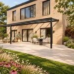 Terrasoverkapping Plus 11 x 2.5 meter matzwart helder glas moderne goot – Zijaanzicht