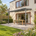 Terrasoverkapping Plus 5 x 2,5 meter antraciet helder glas moderne goot – rechter zijaanzicht