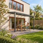 Terrasoverkapping Plus 5 x 2,5 meter antraciet helder glas moderne goot – leefbeeld
