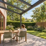 Terrasoverkapping Plus 5 x 2,5 meter antraciet helder glas moderne goot – tuinbeeld