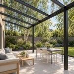 Terrasoverkapping Plus 6 x 3 meter matzwart helder glas moderne goot – onderaanzicht