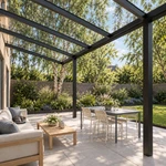 Terrasoverkapping Plus 6 x 3 meter matzwart helder glas moderne goot – tuinbeeld