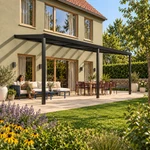 Terrasoverkapping Plus 8 x 3,5 meter matzwart helder glas moderne goot – Leefbeeld