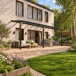Terrasoverkapping Plus 9 x 2,5 meter matzwart helder glas moderne goot – Vooraanzicht