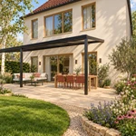 Terrasoverkapping Plus 9 x 3 meter matzwart helder glas moderne goot – Zijaanzicht