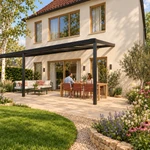 Terrasoverkapping Plus 9 x 3 meter matzwart helder glas moderne goot – Tuinbeeld