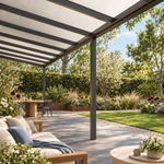 Terrasoverkapping Plus 12 x 2,5 meter antraciet opaal polycarbonaat moderne goot – Onder het dak