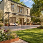 Terrasoverkapping Plus 12 x 2,5 meter antraciet opaal polycarbonaat moderne goot – Tuinbeeld