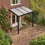 Terrasoverkapping Plus 3 x 2,5 meter matzwart opaal polycarbonaat moderne goot – dakaanzicht