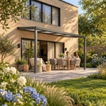 Terrasoverkapping Plus 5 x 2,5 meter antraciet opaal polycarbonaat moderne goot – leefbeeld met mensen