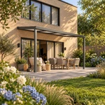Terrasoverkapping Plus 5 x 2,5 meter antraciet opaal polycarbonaat moderne goot – tuinbeeld met kat