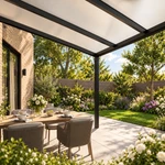 Terrasoverkapping Plus 5 x 3,5 meter matzwart opaal polycarbonaat moderne goot – onderaanzicht