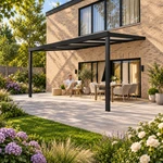 Terrasoverkapping Plus 5 x 3,5 meter matzwart opaal polycarbonaat moderne goot – tuinbeeld met lezer