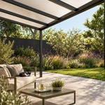Terrasoverkapping Plus 7 x 3 meter matzwart opaal polycarbonaat moderne goot – tuinbeeld