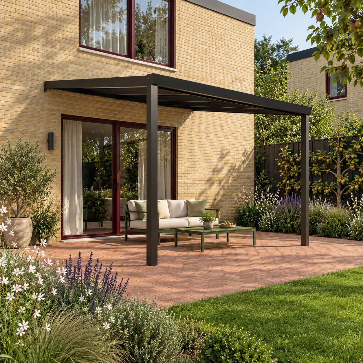 Terrasoverkapping Plus 4 x 4 meter matzwart opaal polycarbonaat moderne goot – overzicht Terrasoverkapping Plus 4 x 4 meter matzwart opaal polycarbonaat moderne goot – overzicht
