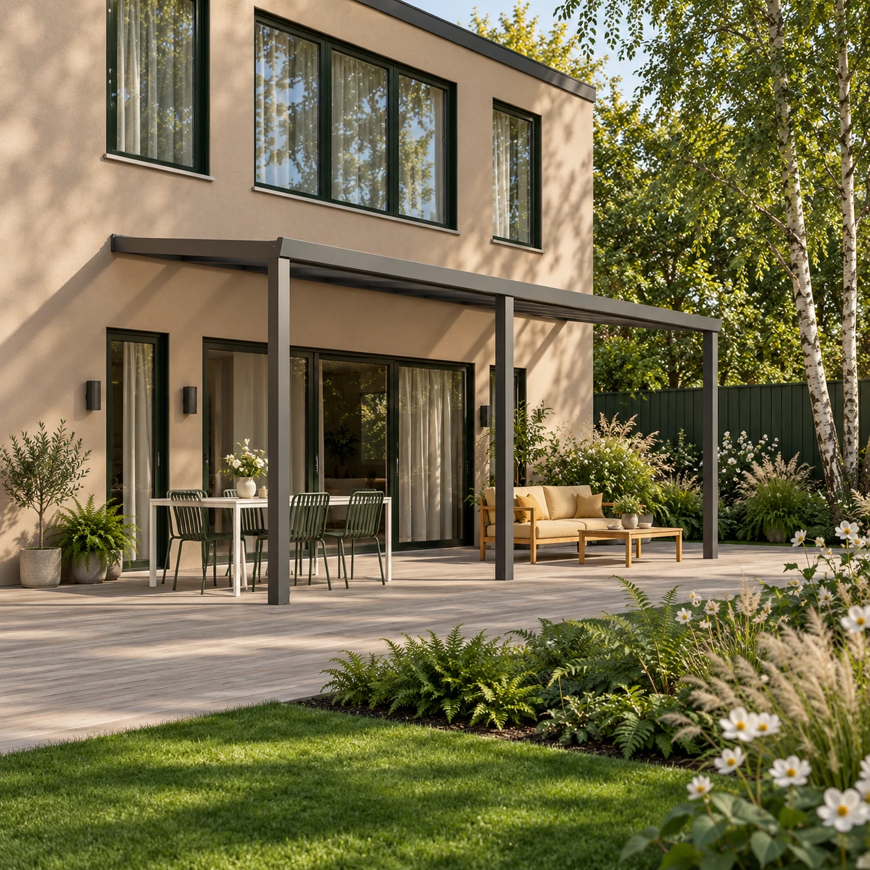 Terrasoverkapping Plus 7 x 3 meter antraciet opaal polycarbonaat moderne goot – overzicht Terrasoverkapping Plus 7 x 3 meter antraciet opaal polycarbonaat moderne goot – overzicht